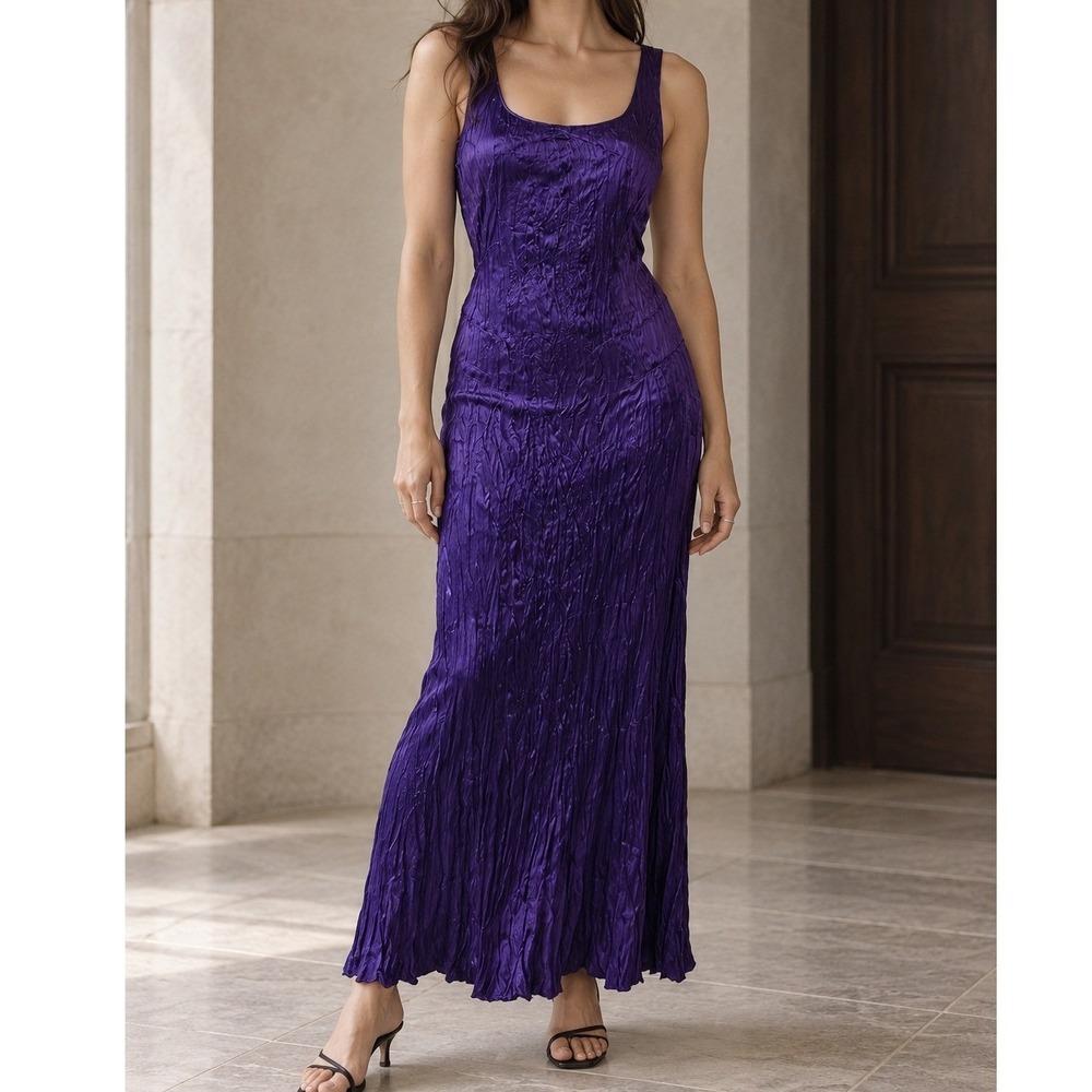Vintage Calvin Klein Purple Crinkle Pleat 100% Silk Maxi Dress 8 90s Minimalist